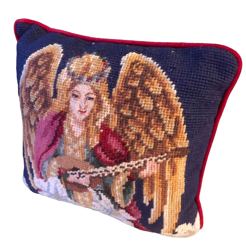 Needlepoint Holiday Christmas Angel Guitar Pillow 9” Square Blue Red Velvet Vtg